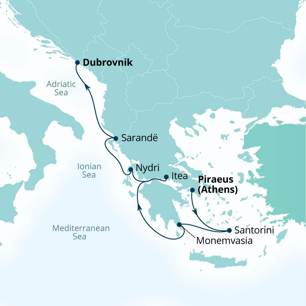 Itinerary map of 7-Day Greece & Dalmatian Delights