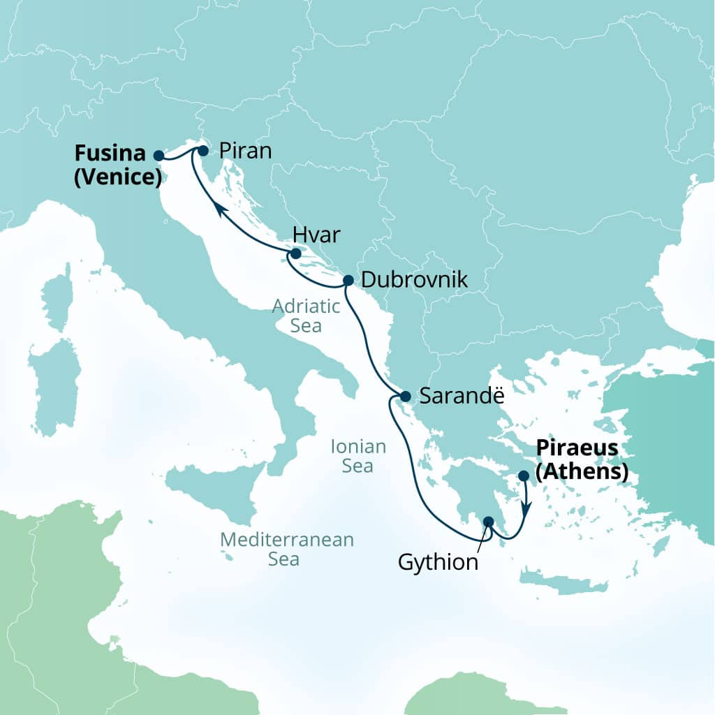 Itinerary map of 7-Day Adriatic & Grecian Gems