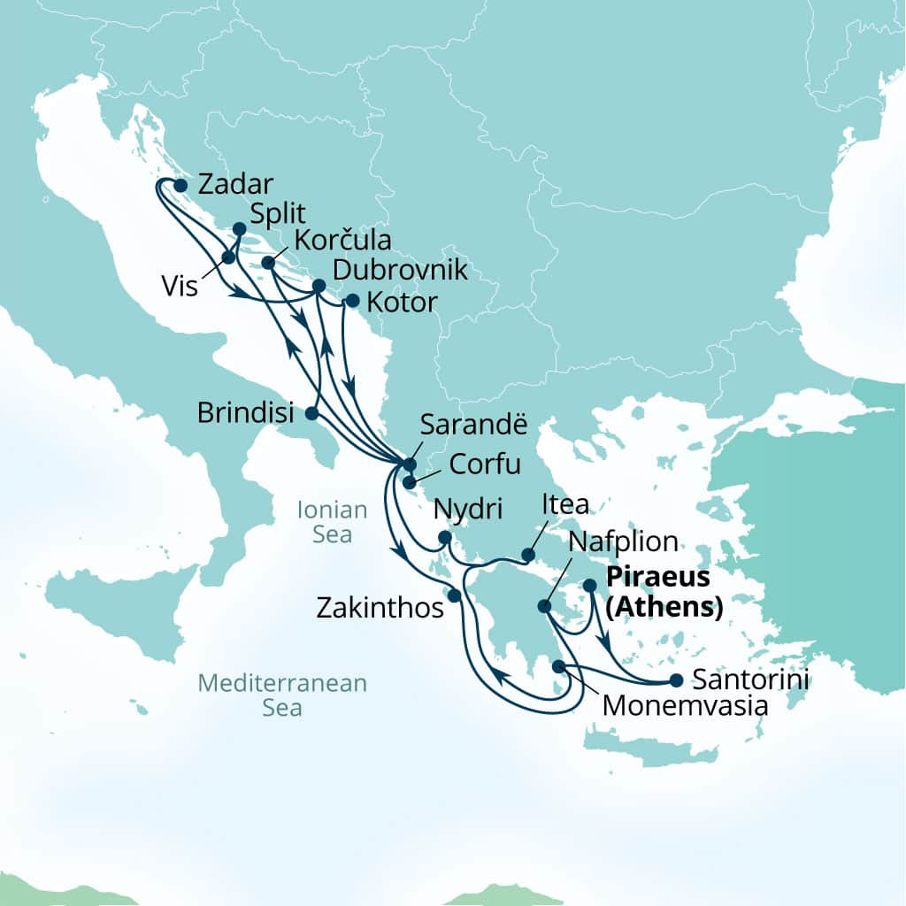 Itinerary map of 21-Day Grecian Gems & Dalmatian Coast