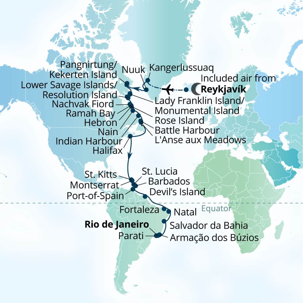 Itinerary map of 39-Day Wild Labrador Coast, Caribbean & South   America