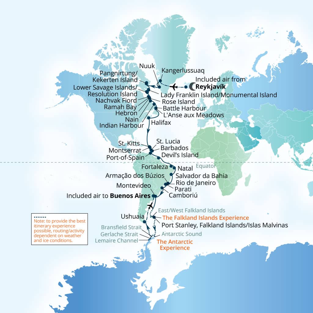 Itinerary map of 60-Day Labrador Coast, Caribbean, South America & Scotia Arc