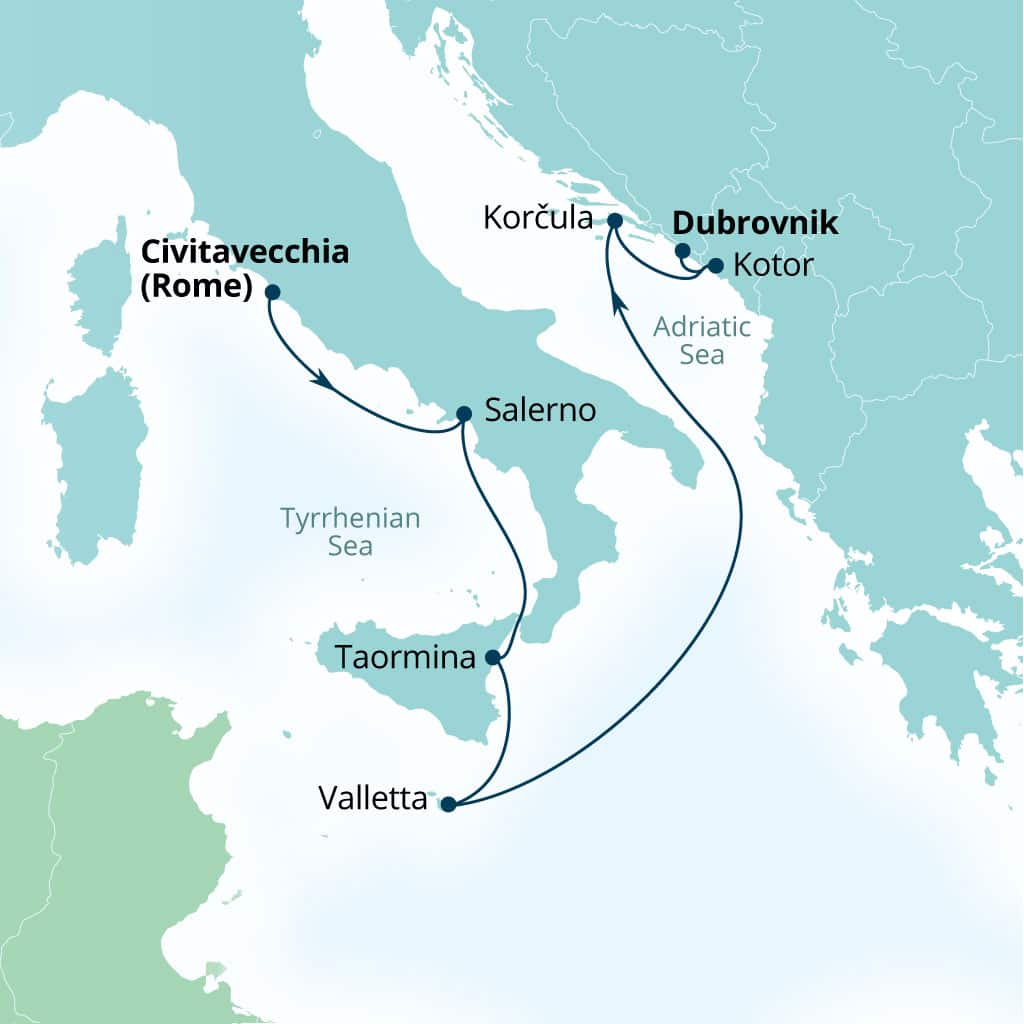 Itinerary map of 7-Day Italy, Malta, Croatia & Montenegro