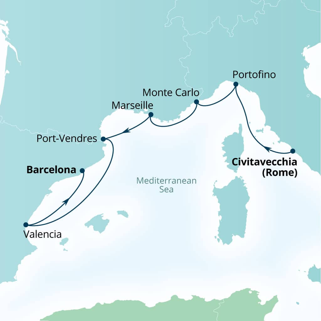 Itinerary map of 7-Day Monaco, Italy, France & Spain