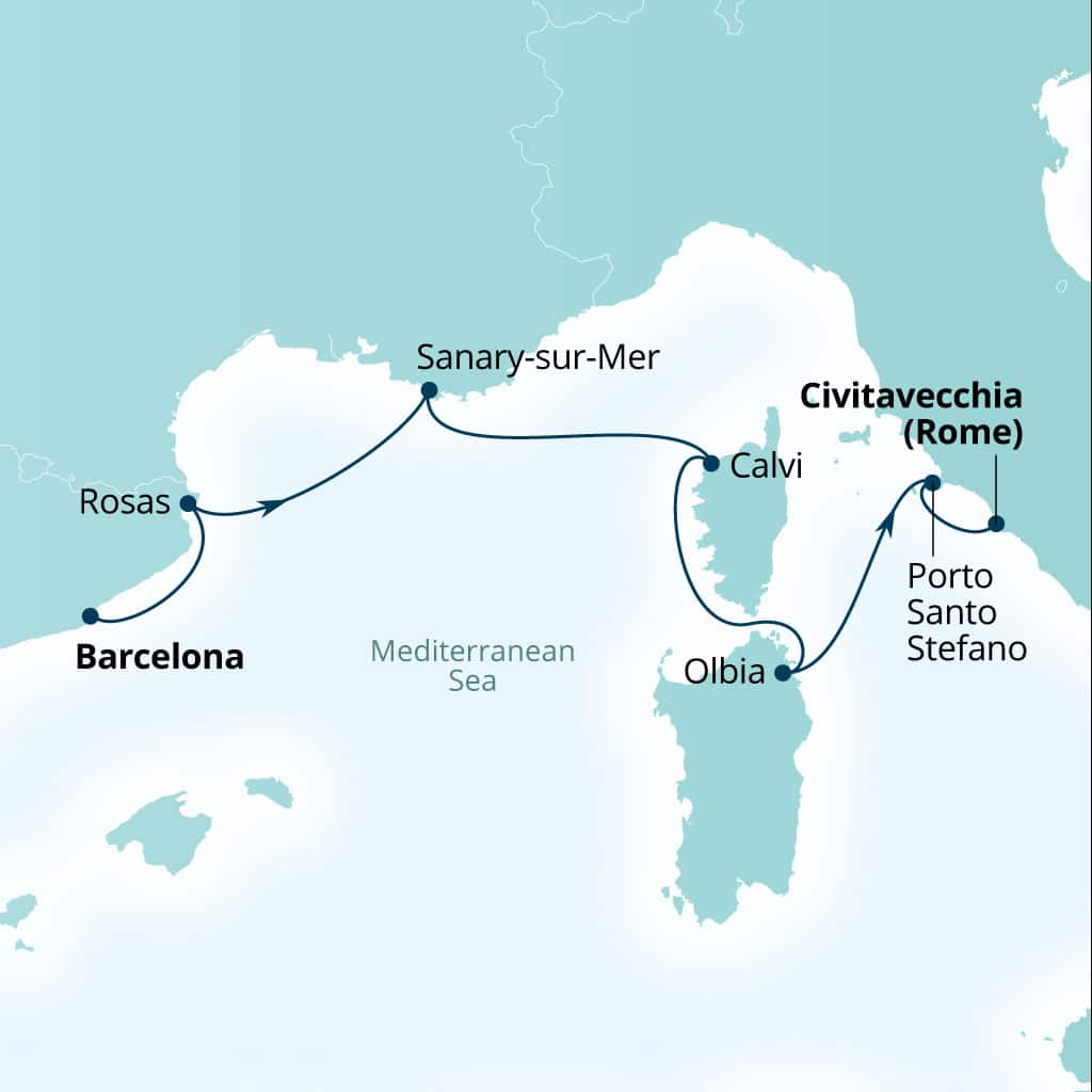 Itinerary map of 7-Day Spain, France & Italy