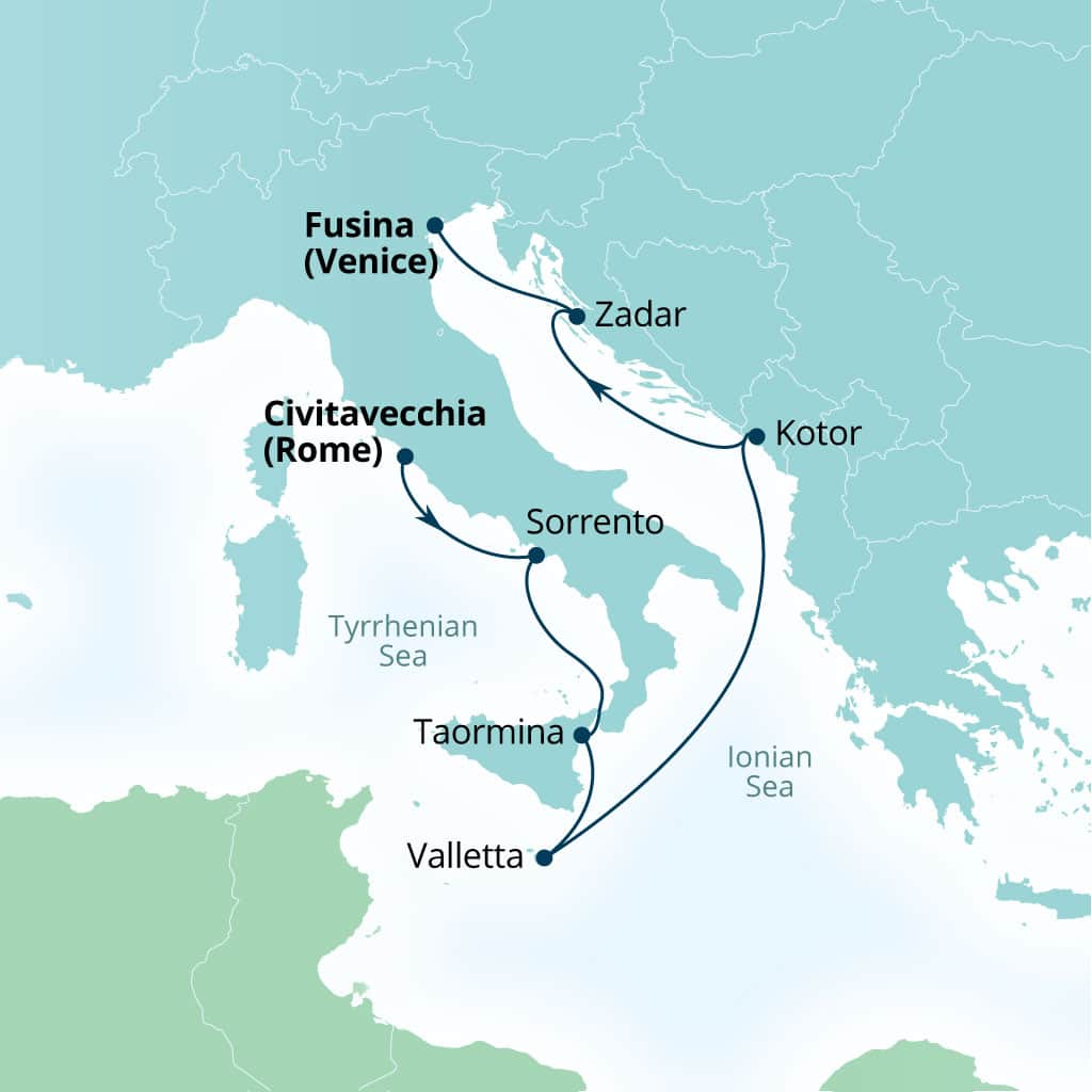 Itinerary map of 7-Day Croatia, Malta & Italy