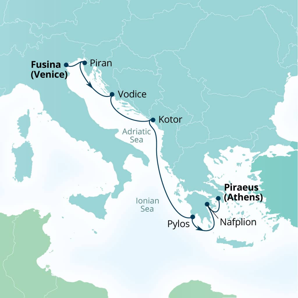 Itinerary map of 7-Day Dalmatian Gems, Montenegro & Greece