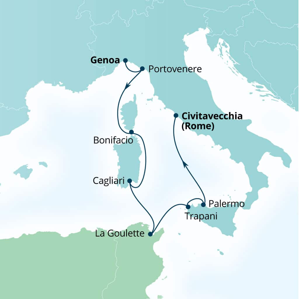 Itinerary map of 8-Day Italy, France & Tunisia