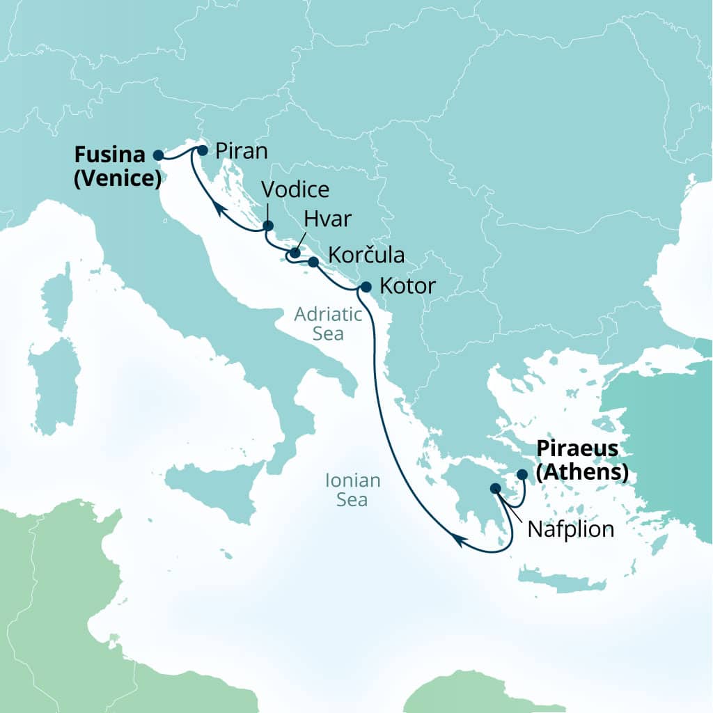 Itinerary map of 8-Day Greece, Italy, Montenegro, Croatia & Slovenia