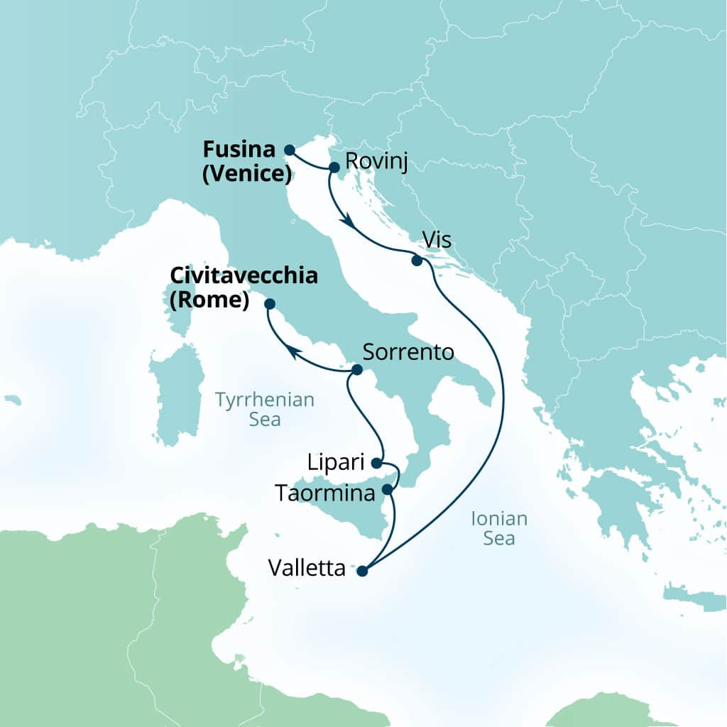 Itinerary map of 8-Day Croatia, Malta & Italy