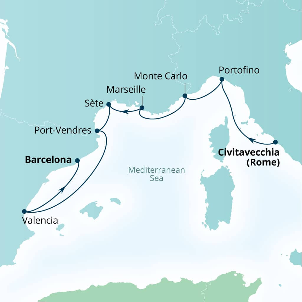 Itinerary map of 8-Day Monaco, Italy, France & Spain