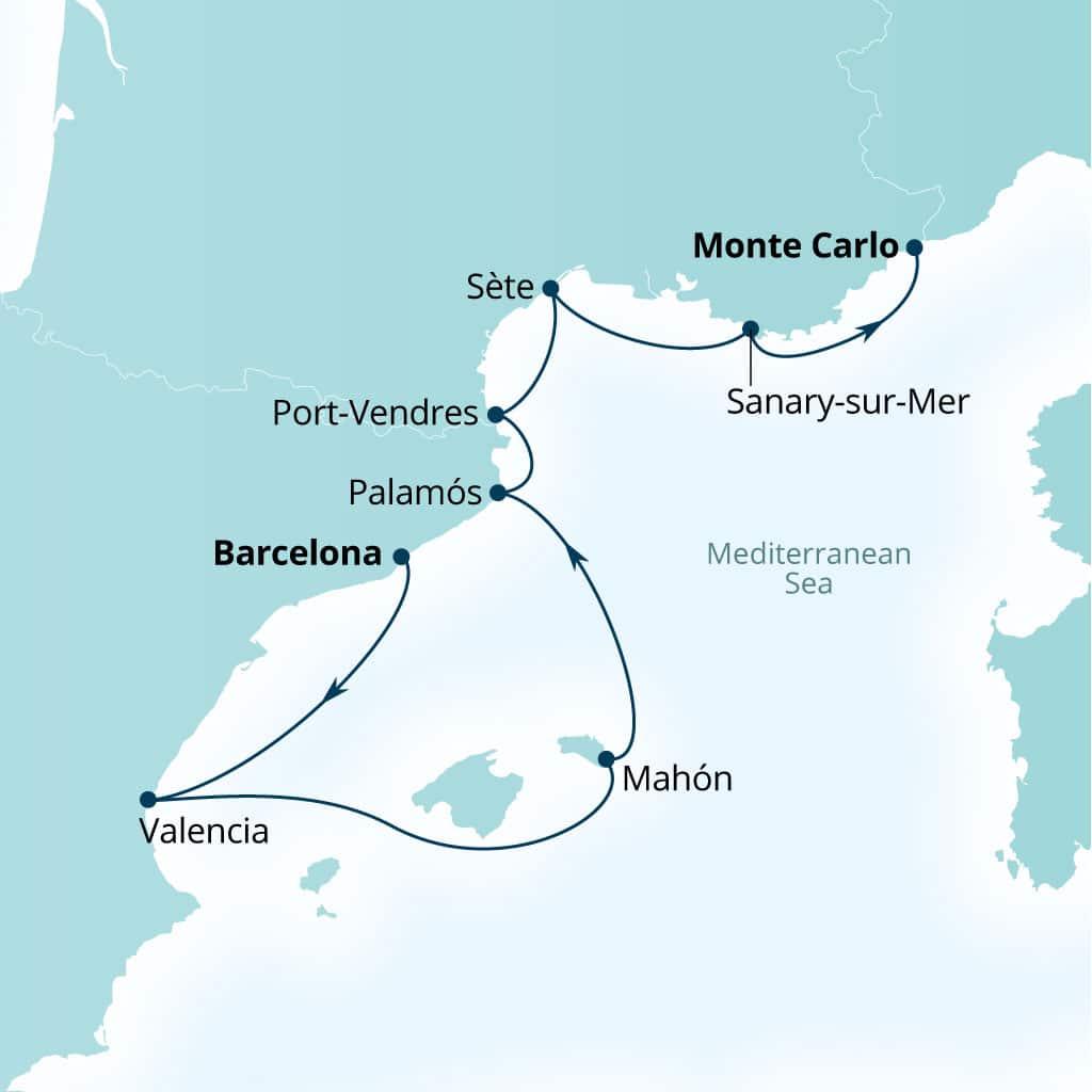 Itinerary map of 8-Day Spanish & French Coastal Charm