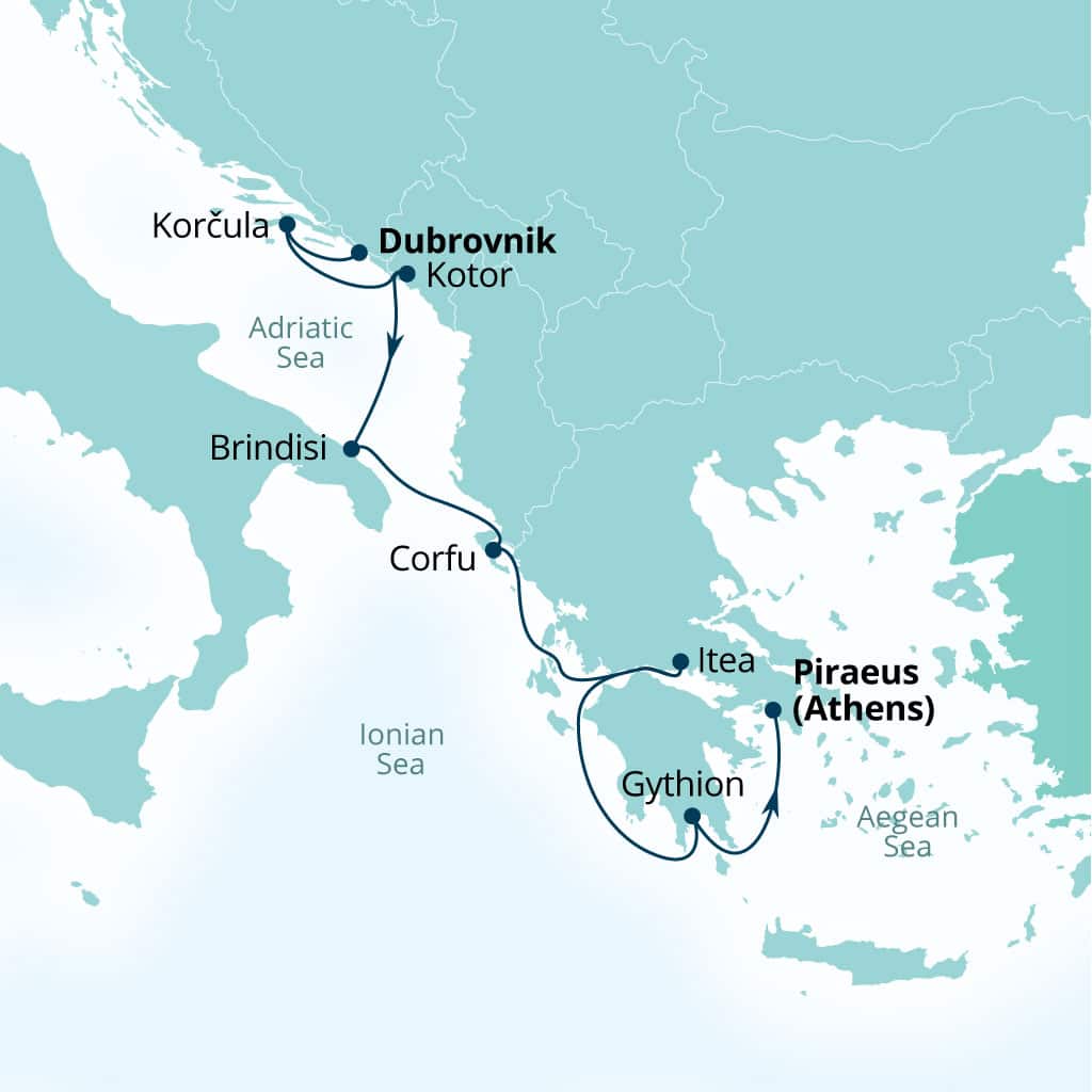 Itinerary map of 8-Day Croatia, Montenegro, Italy & Greece