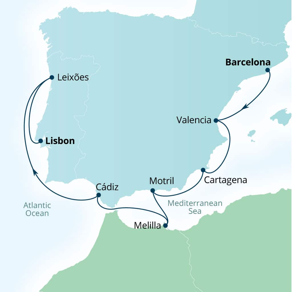 Itinerary map of 8-Day Spanish Morocco, Spanish Riviera & Portugal