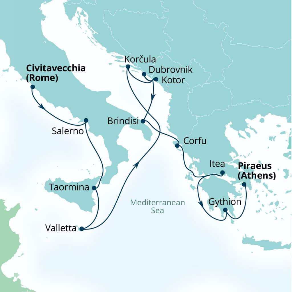 Itinerary map of 14-Day Italy, Malta, Croatia, Montenegro & Greece