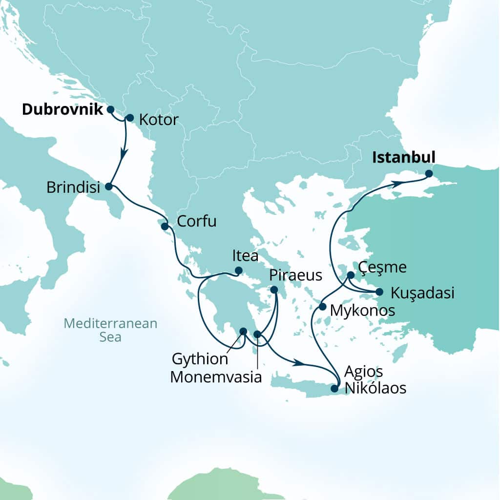 Itinerary map of 14-Day Montenegro, Italy, Mykonos & Turkey