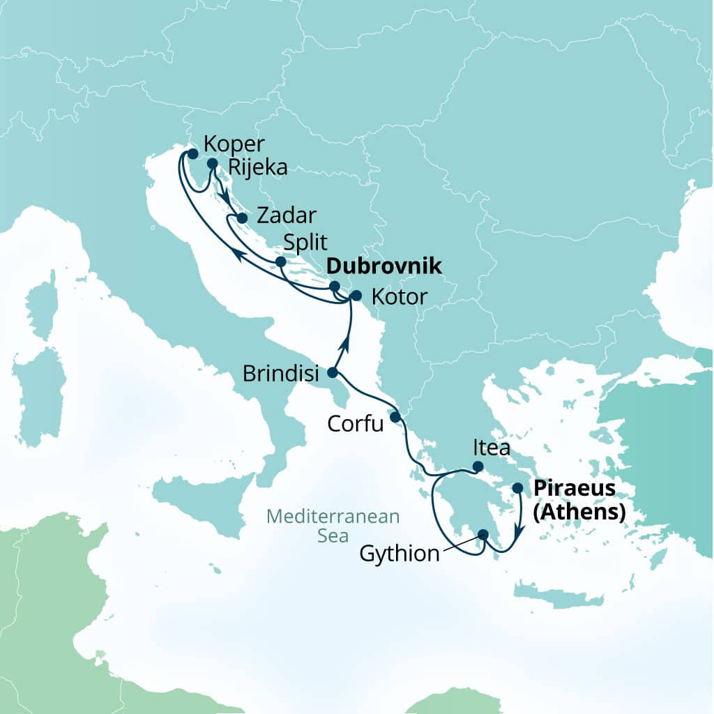 Itinerary map of 14-Day Ancient Greek Ports, Italy & Dalmatian Gems