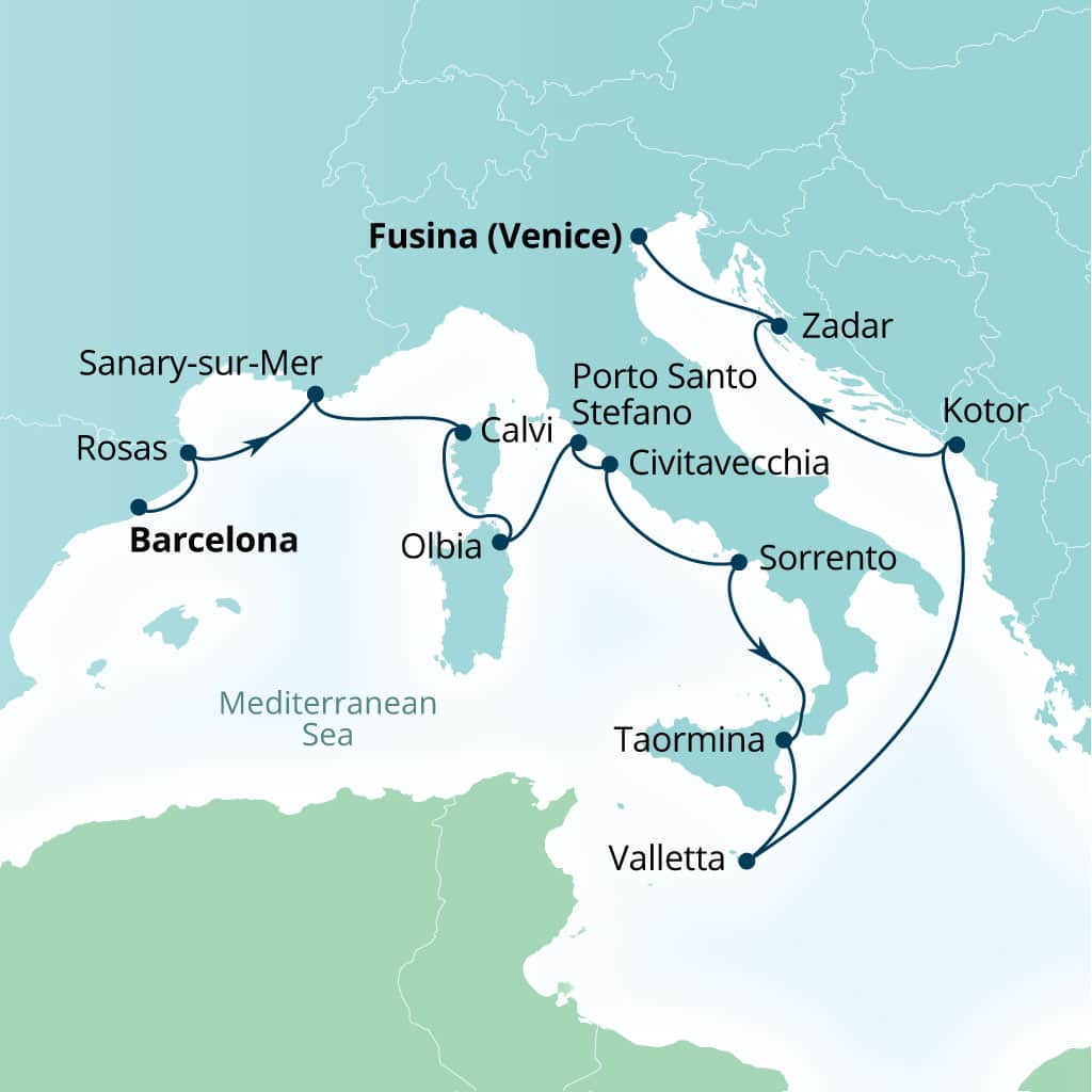 Itinerary map of 14-Day Spain, France, Italy, Croatia & Malta