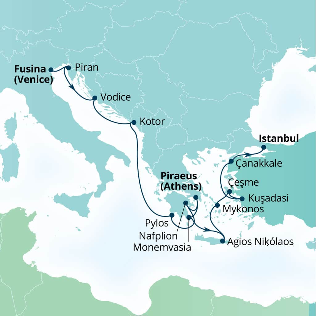 Itinerary map of 14-Day Dalmatian Gems, Malta, Italy, Greece & Turkey