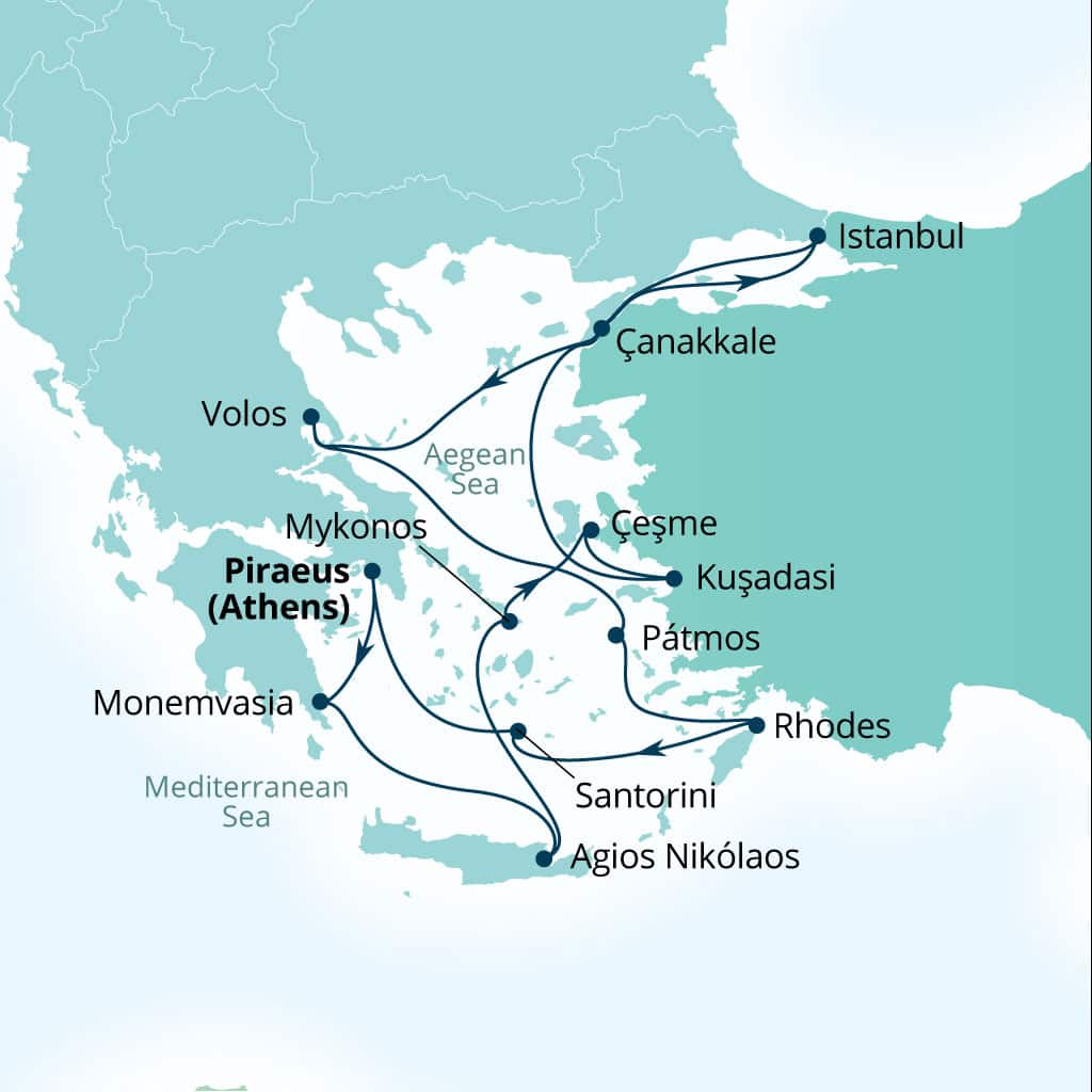 Itinerary map of 14-Day Greek Isles & Ephesus