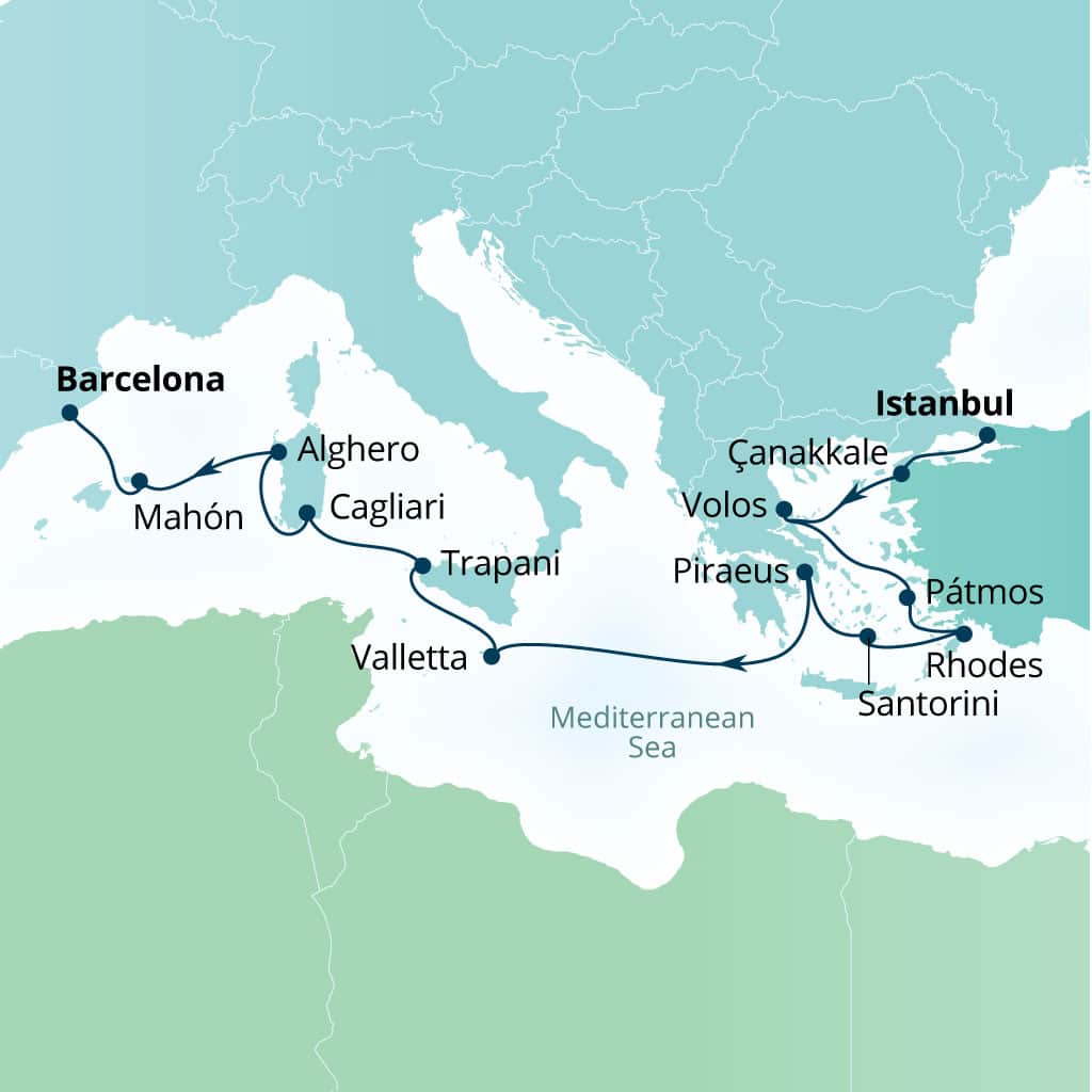 Itinerary map of 14-Day Hidden Gems Of Turkey, Greece, Malta, Italy & Spain