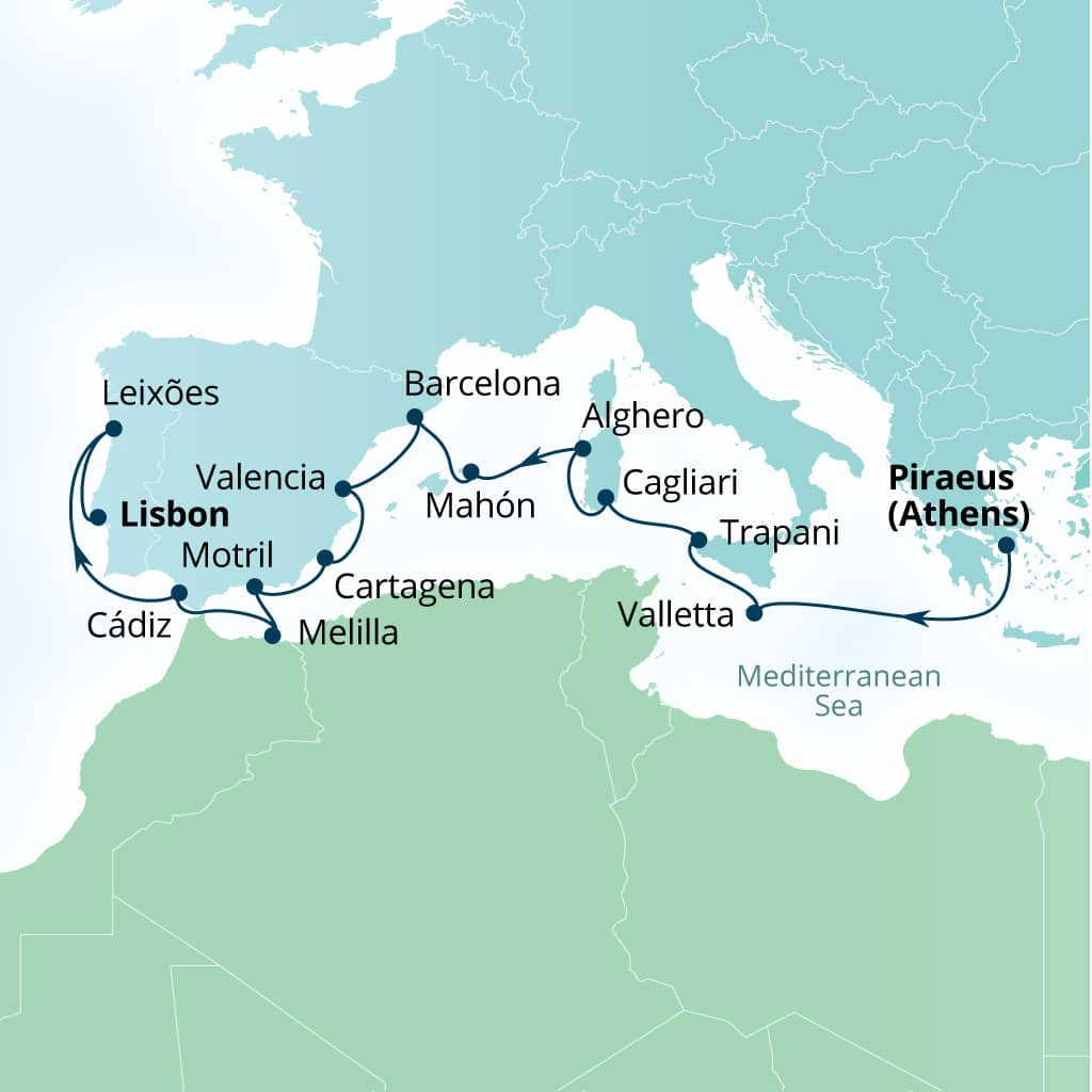 Itinerary map of 15-Day Malta, Italy, Spain & Portugal