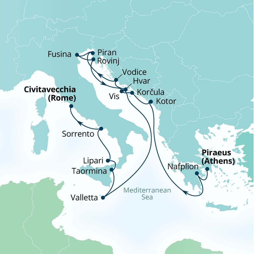Itinerary map of 16-Day Montenegro, Croatia, Corsica & Italy