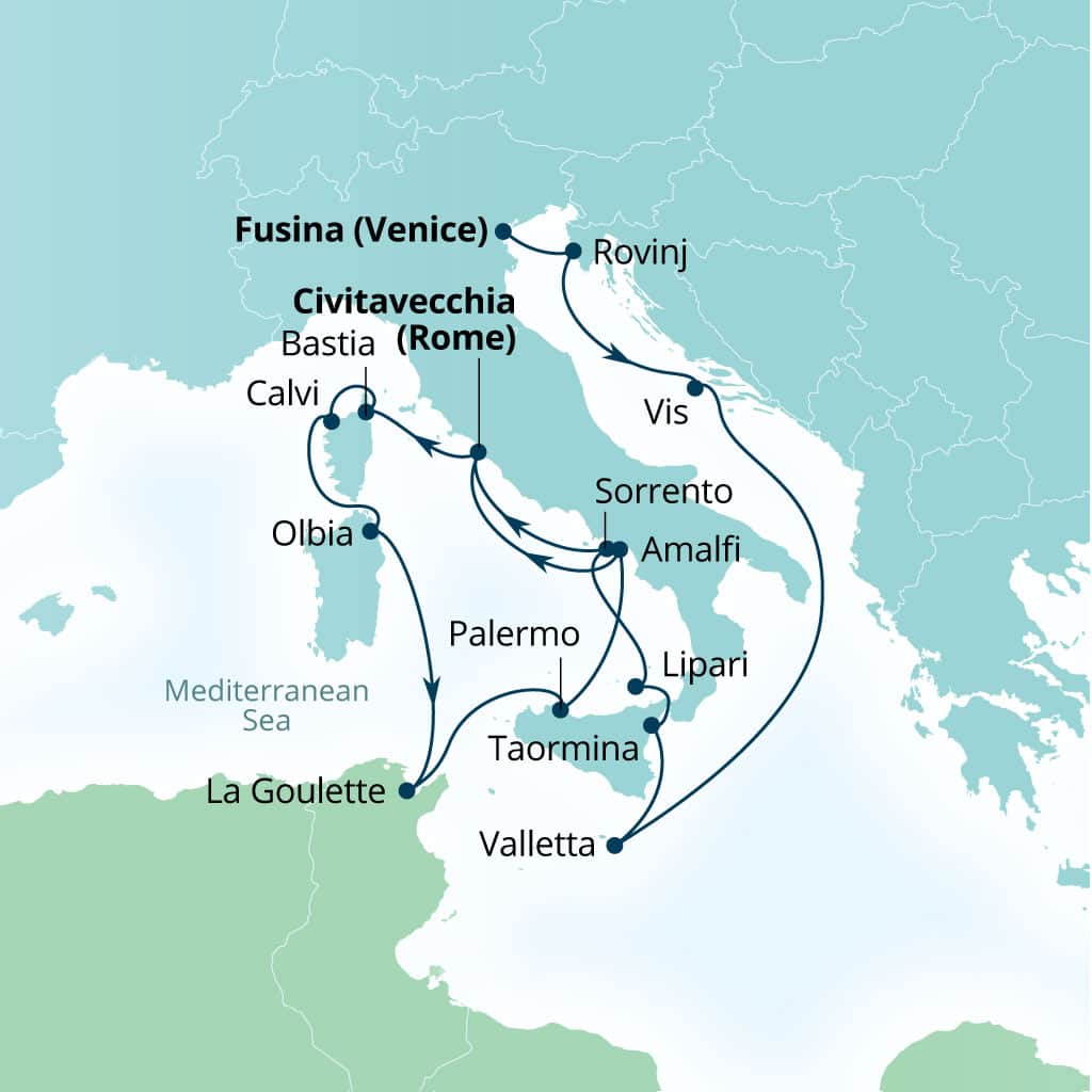 Itinerary map of 16-Day Croatia, Malta, Italy, France & Tunisia