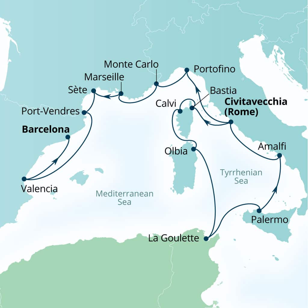 Itinerary map of 16-Day France, Italy, Tunisia, Monaco & Spain