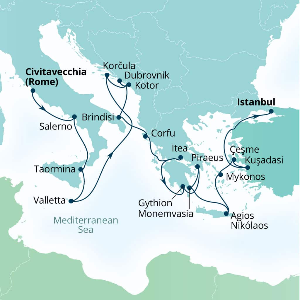Itinerary map of 21-Day Mediterranean Mosaic: Croatia, Greece & Ephesus