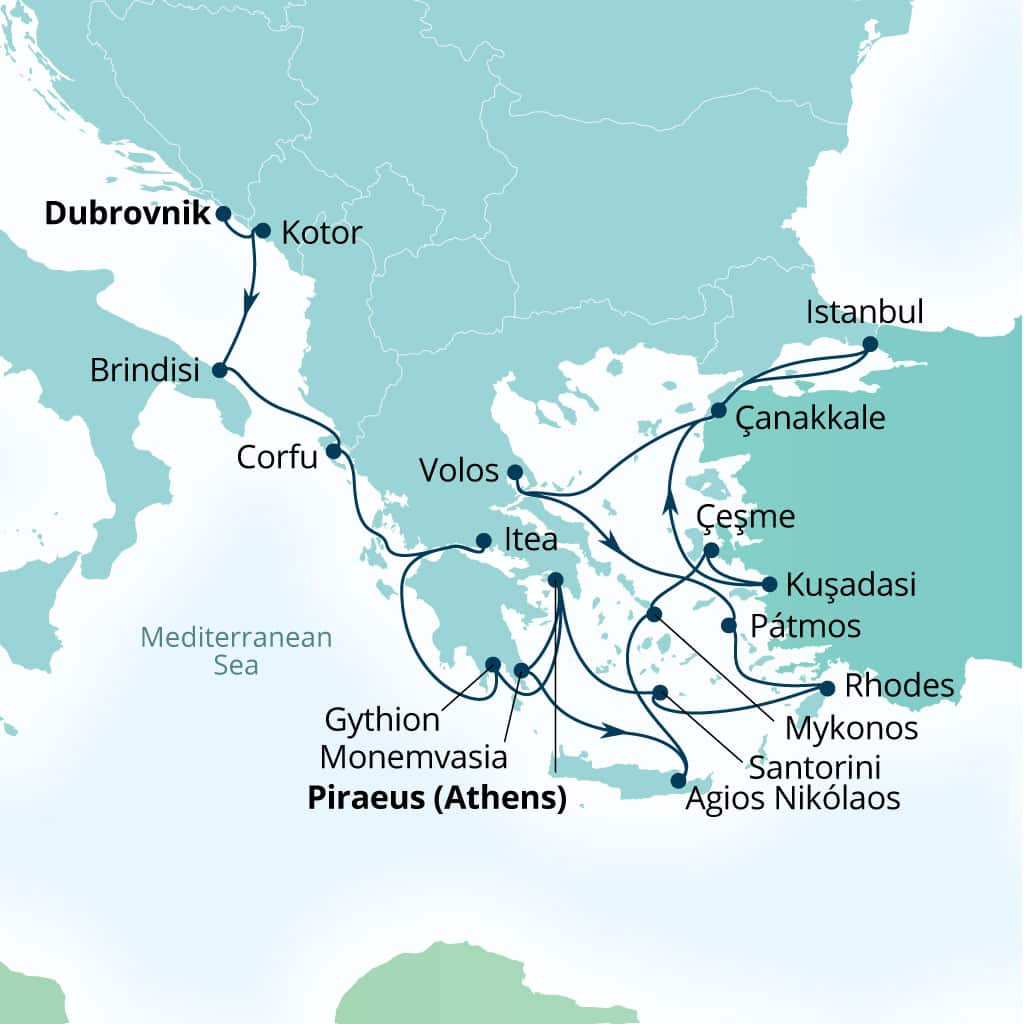 Itinerary map of 21-Day Mediterranean Mosaic: Italy, Ephesus & Greece