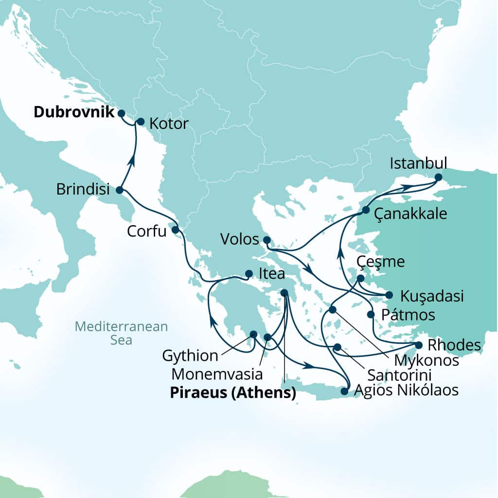 Itinerary map of 21-Day Mediterranean Mosaic: Turkey, Greece, Italy & Croatia