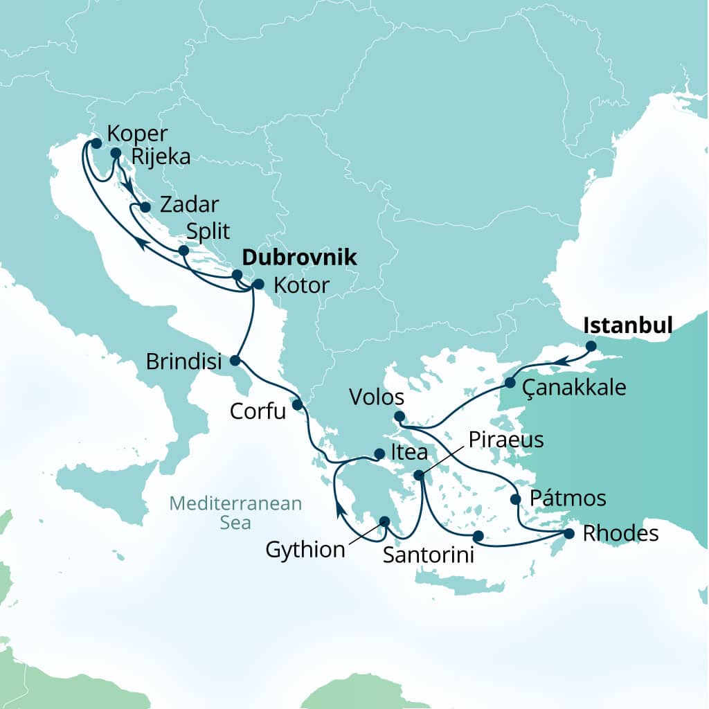 Itinerary map of 21-Day Mediterranean Mosaic: Turkey, Greece & Croatia