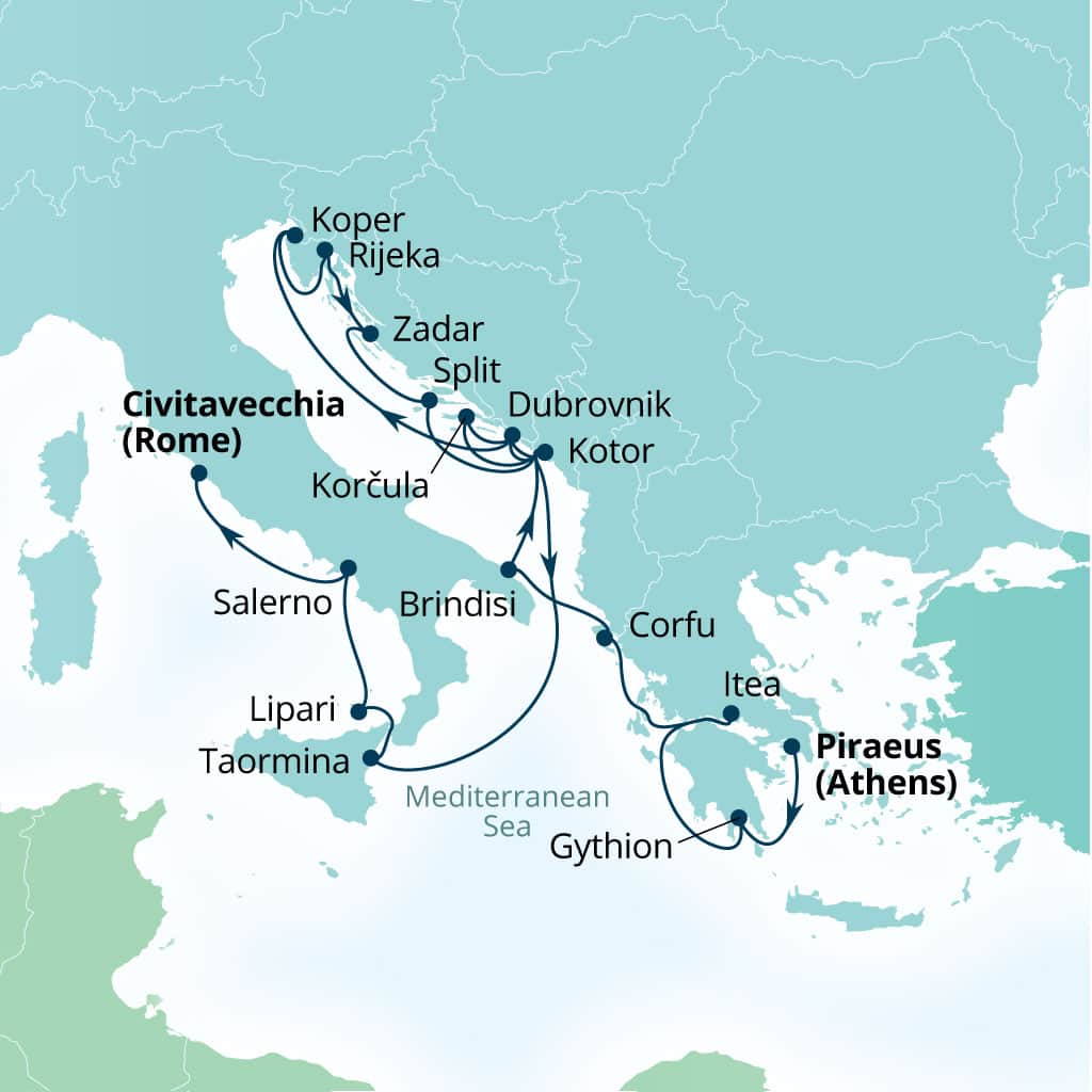 Itinerary map of 21-Day Mediterranean Mosaic: Greece, Italy & Dalmatian Gems