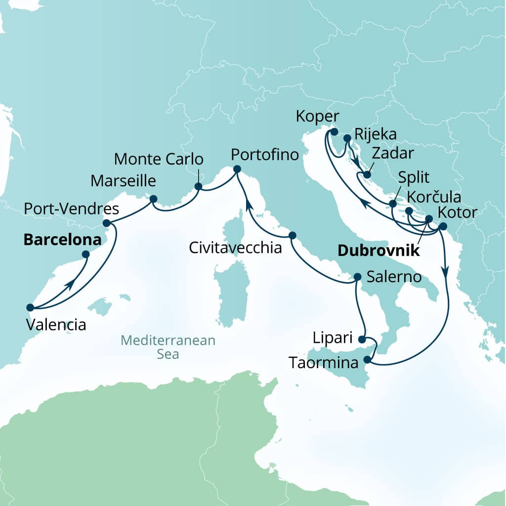 Itinerary map of 21-Day Mediterranean Mosaic: Croatia, Italy & France
