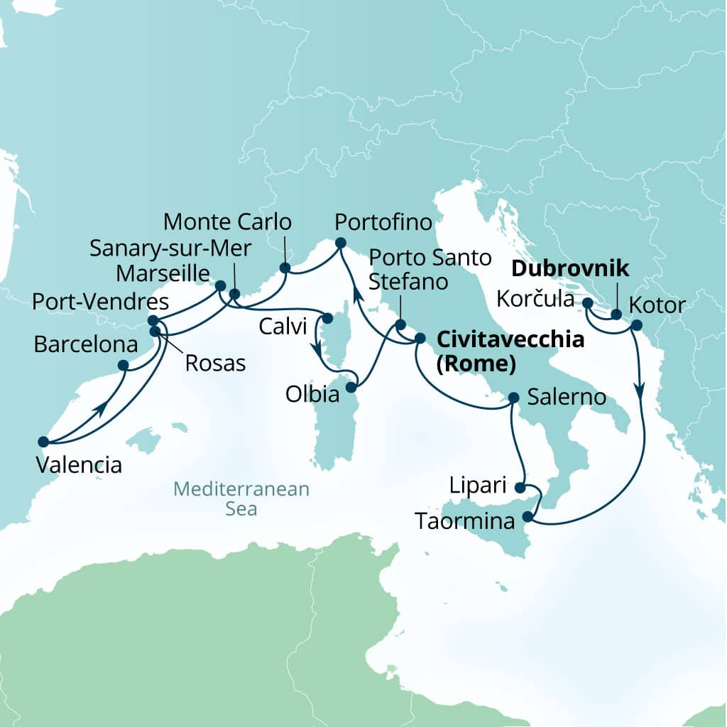 Itinerary map of 21-Day Mediterranean Mosaic: Croatia, Italy, France & Spain