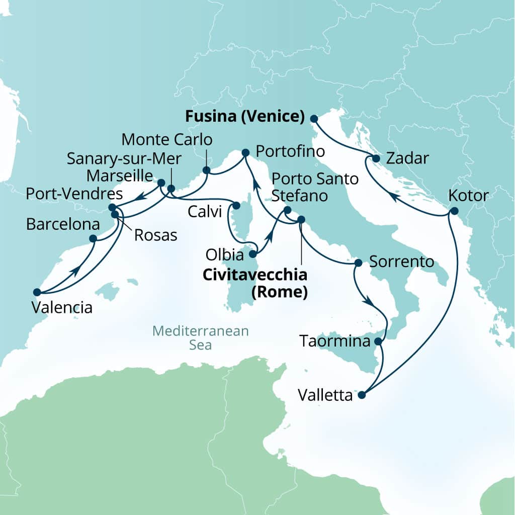 Itinerary map of 21-Day Mediterranean Mosaic: Italy, France, Spain & Malta