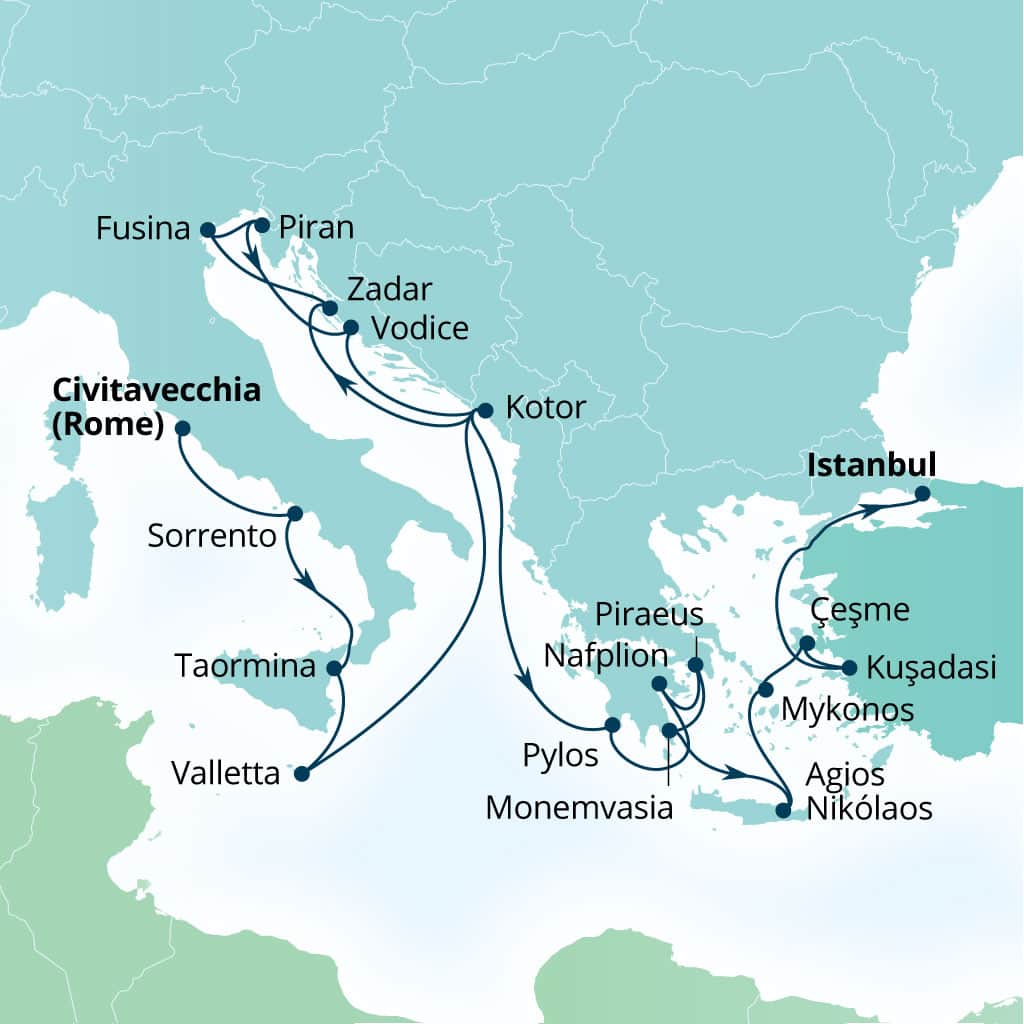 Itinerary map of 21-Day Mediterranean Mosaic: Dalmatian Gems, Malta & Ephesus