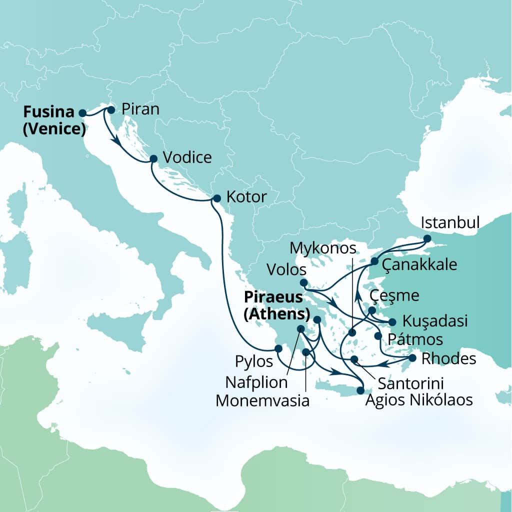 Itinerary map of 21-Day Mediterranean Mosaic: Dalmatian Gems, Greece & Turkey