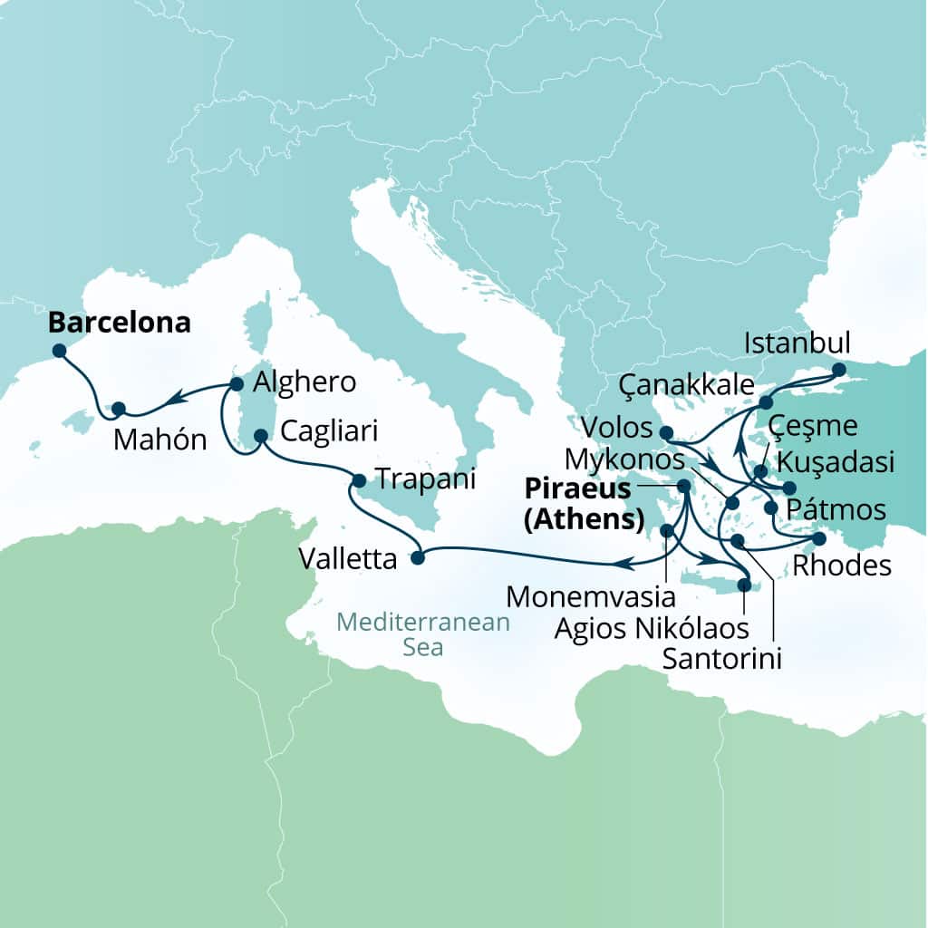 Itinerary map of 21-Day Mediterranean Mosaic: Greece, Ephesus, Italy & Spain