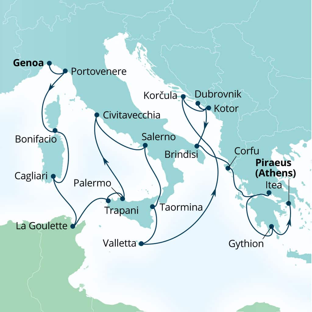 Itinerary map of 22-Day Mediterranean Mosaic: Italy, Croatia & Greece