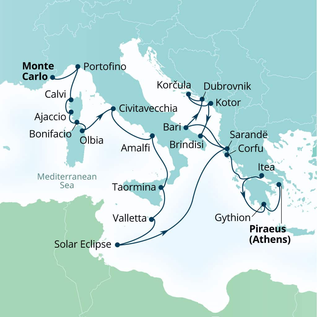Itinerary map of 22-Day Solar Eclipse: France, Italy, Tunisia & Greece