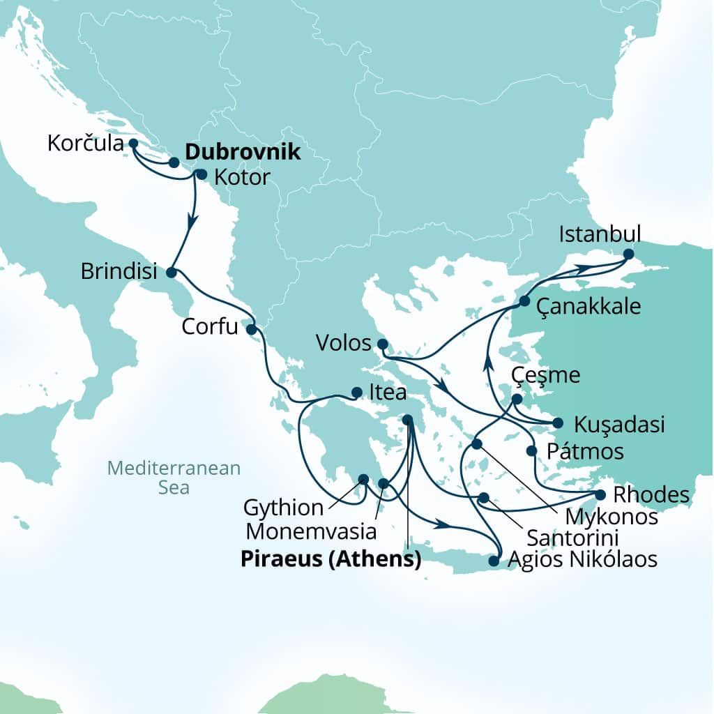 Itinerary map of 22-Day Mediterranean Mosaic: Croatia, Greece & Ephesus