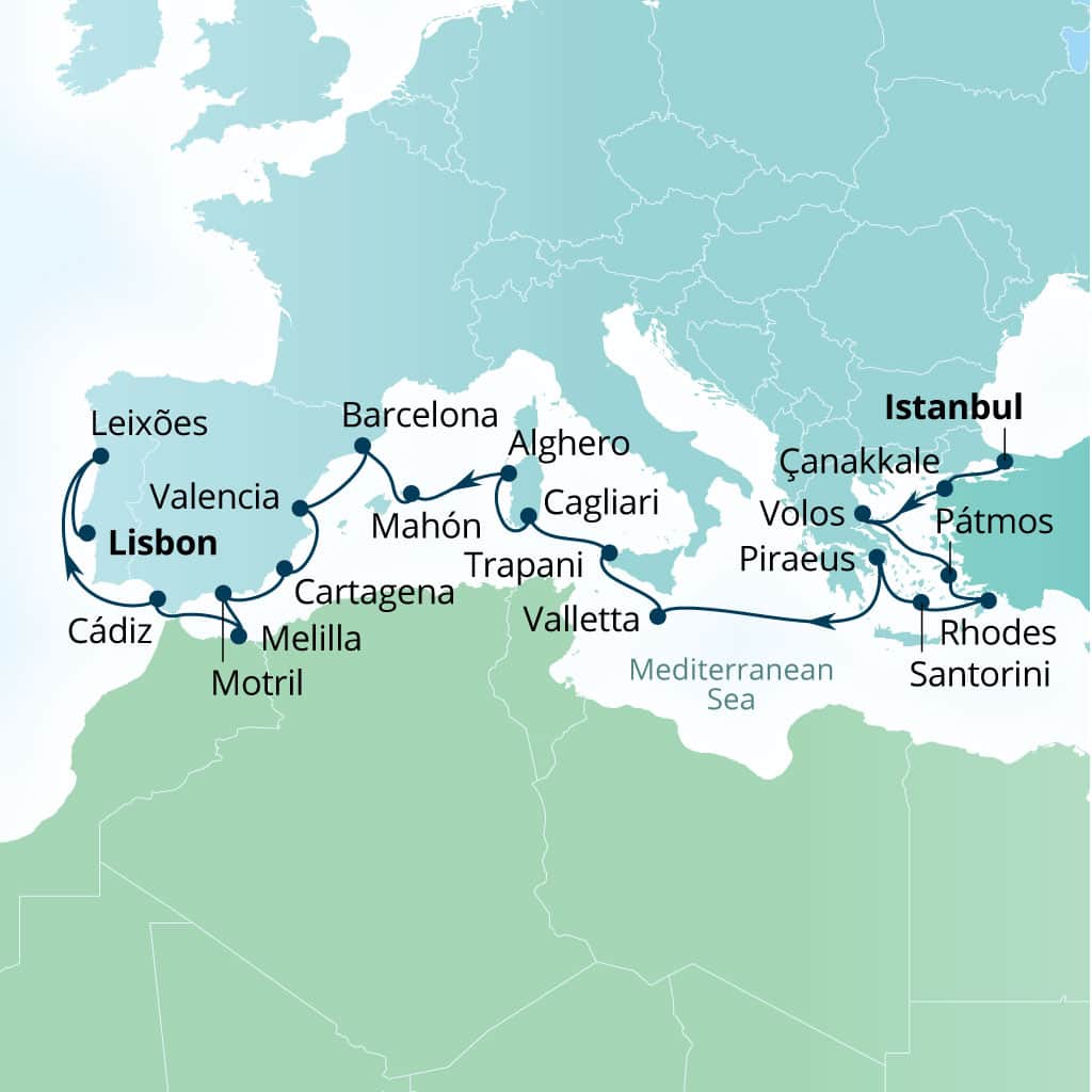 Itinerary map of 22-Day Mediterranean Mosaic: Turkey, Greece, Italy & Spain