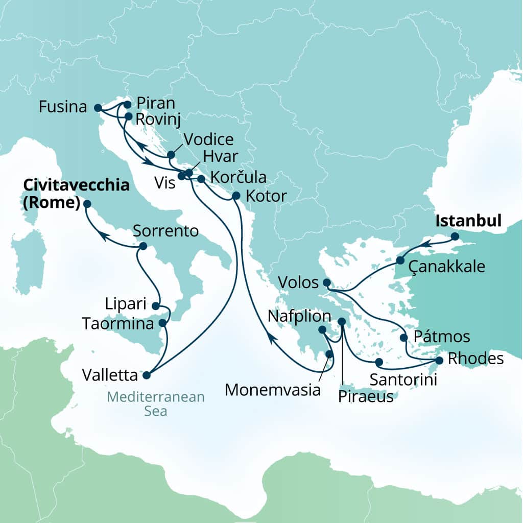 Itinerary map of 23-Day Mediterranean Mosaic: Turkey, Greece, Croatia & Italy