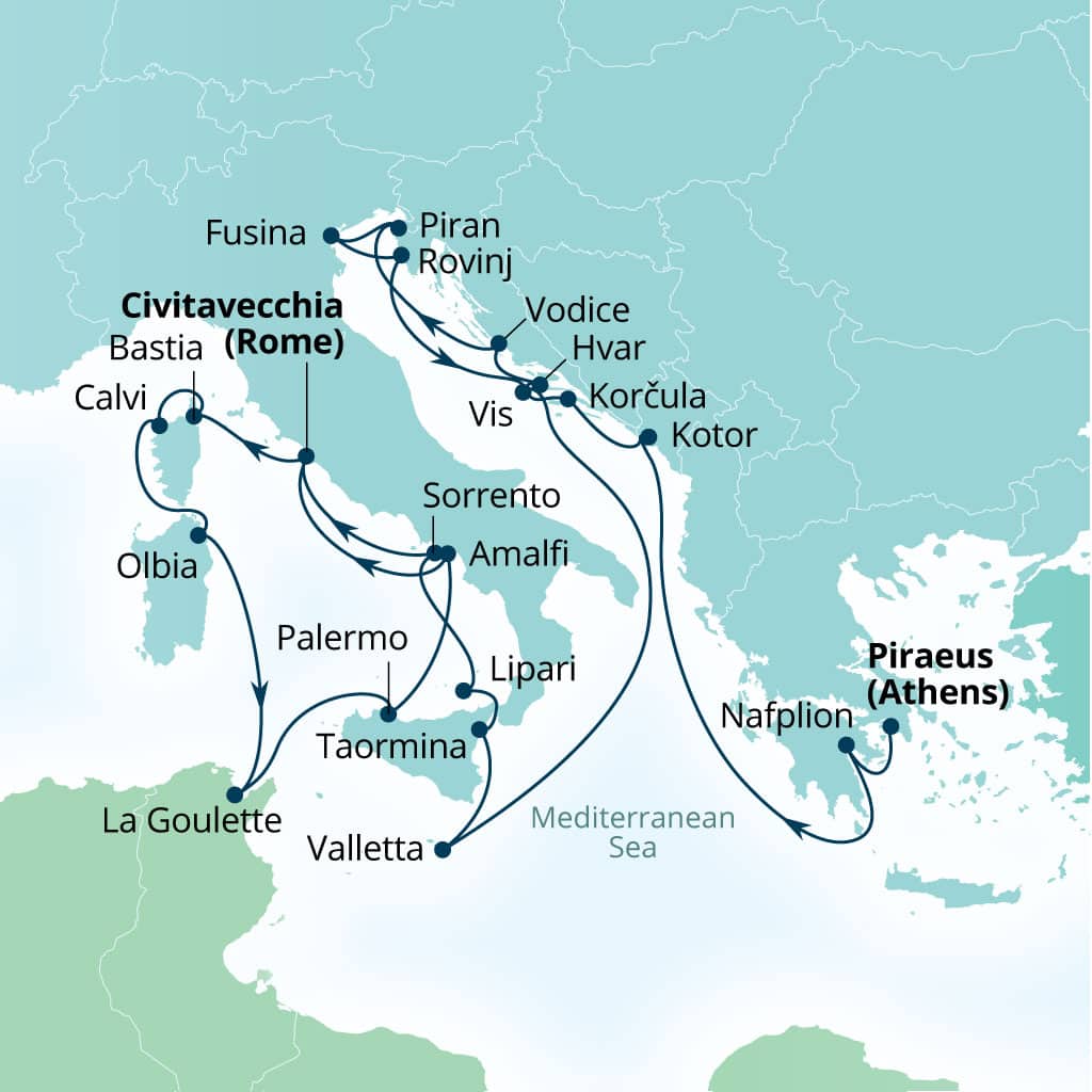 Itinerary map of 24-Day Mediterranean Mosaic: Croatia, Corsica & Italy