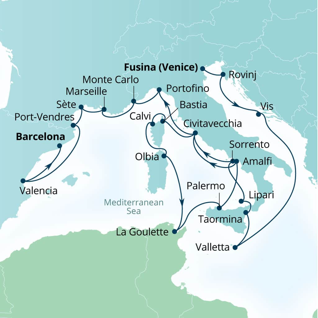 Itinerary map of 24-Day Mediterranean Mosaic: Croatia, Italy, France & Spain