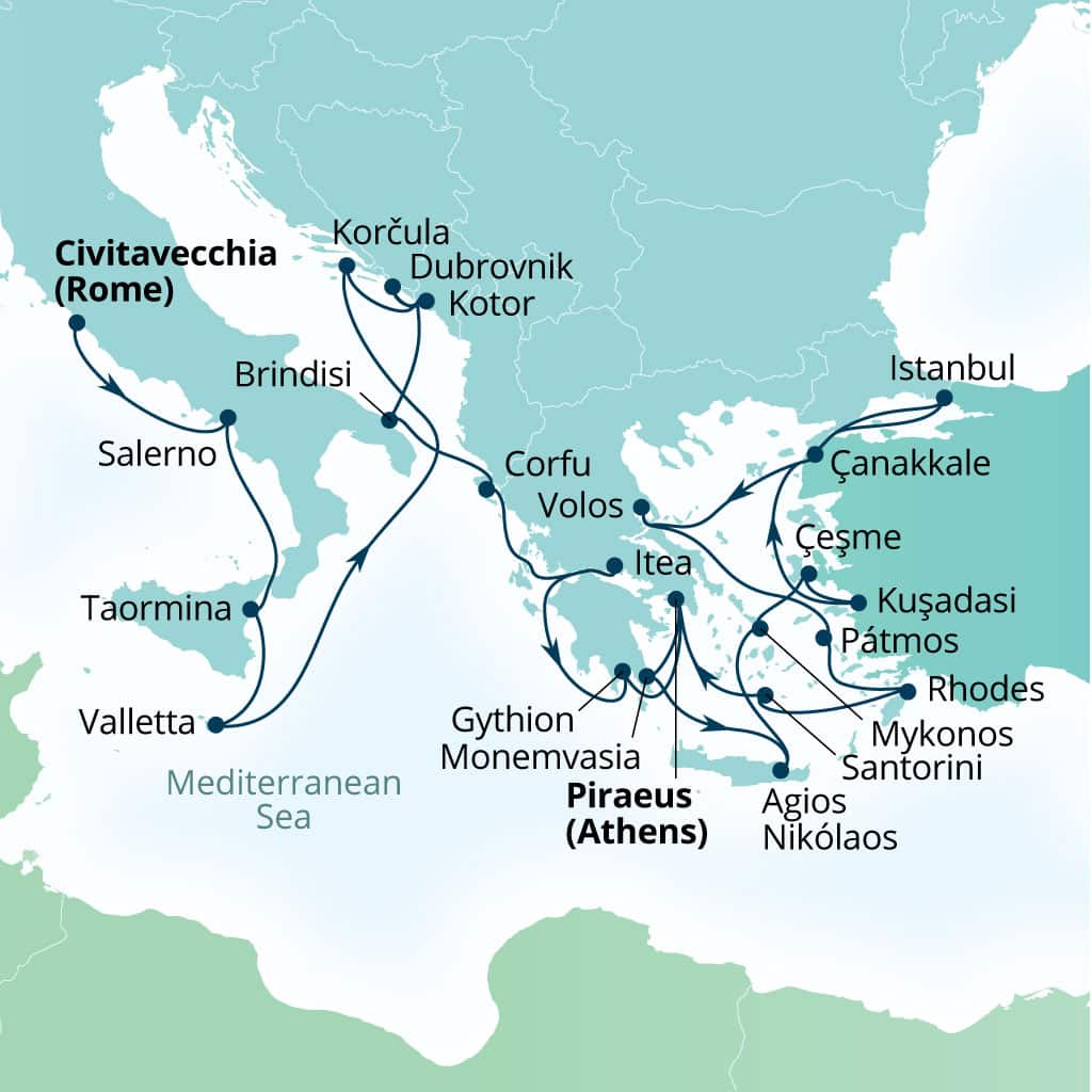 Itinerary map of 28-Day Mediterranean Medley: Italy, Greece & Ephesus