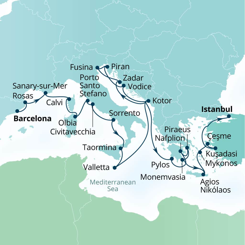 Itinerary map of 28-Day Mediterranean Medley: Spain, France & Ephesus