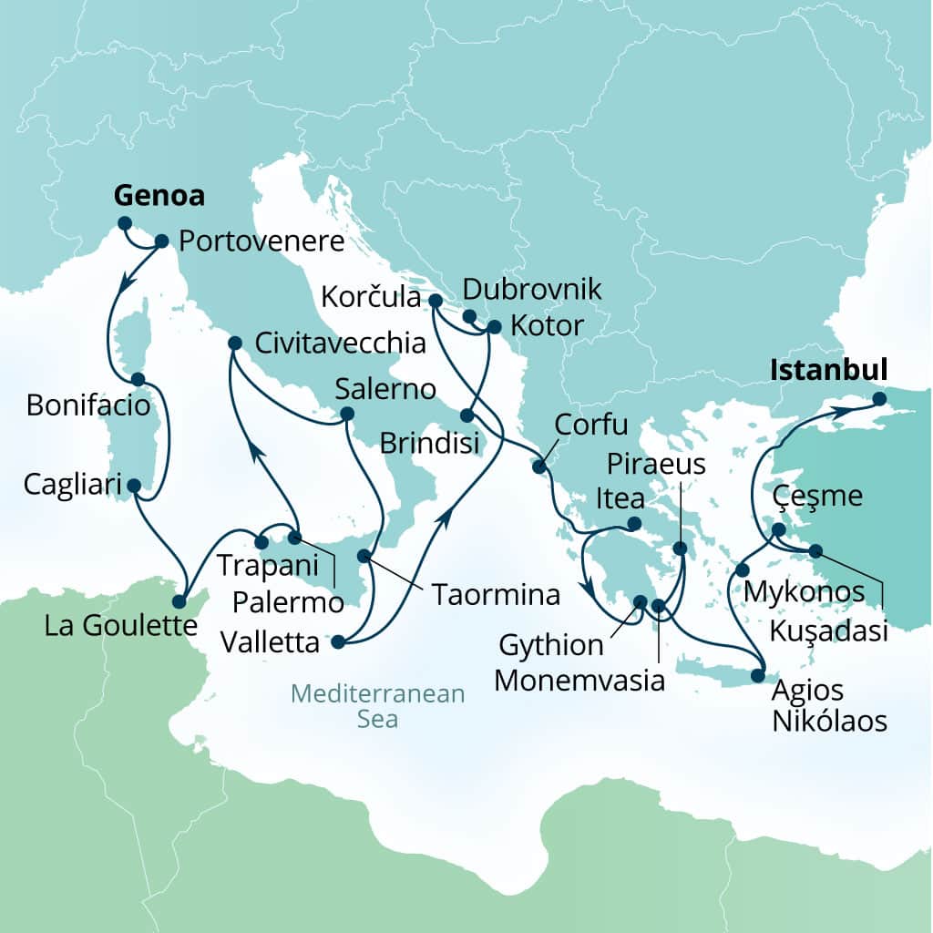 Itinerary map of 29-Day Mediterranean Medley: Italy, Greece & Ephesus