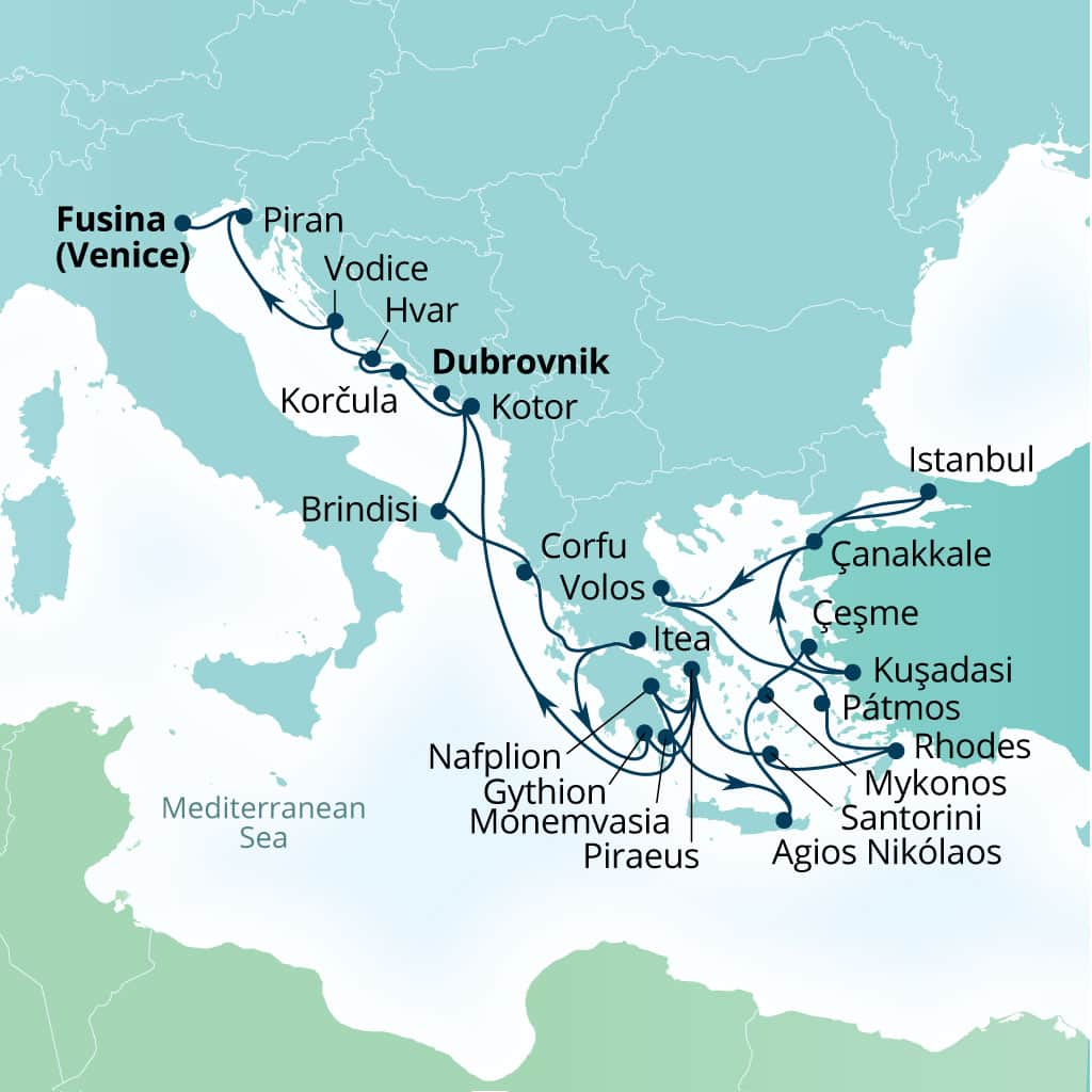 Itinerary map of 29-Day Mediterranean Medley: Italy, Turkey, Greece & Balkans